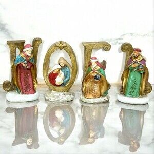 Nativity Scene NOEL Letters Christmas Decor Vintage 4 piece Resin Figurine Set